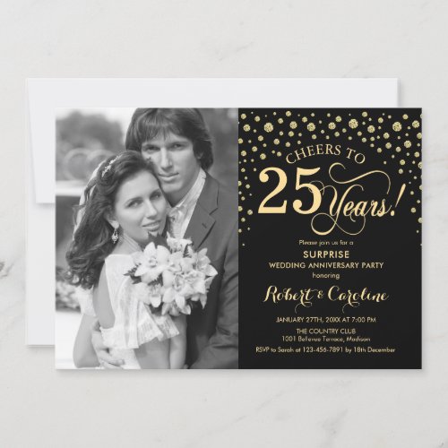 Surprise 25th Anniversary with Photo Black Gold Invitation