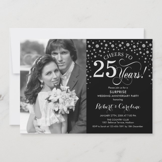 Surprise 25th Anniversary with Photo Black Silver Invitation (Front)