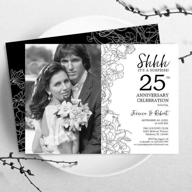 Surprise 25th Anniversary With Photo White Black Invitation (Creator Uploaded)