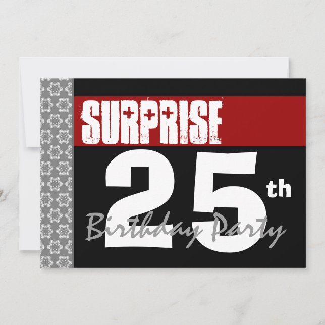 Surprise 25th Birthday Modern Black and Burgundy Invitation (Front)