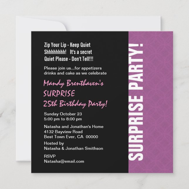 SURPRISE 25th Birthday Modern Lilac Pink W595 Invitation (Front)