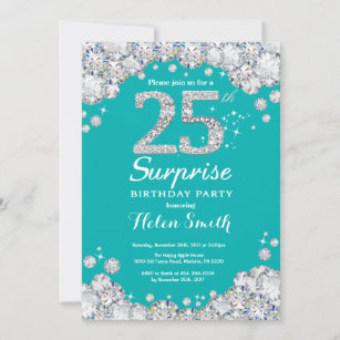 Surprise 25th Birthday Teal and Silver Diamond Invitation