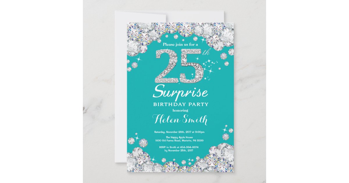 Surprise 25th Birthday Teal And Silver Diamond Invitation Zazzle 