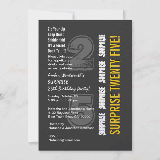 SURPRISE 25th Modern Birthday Gray and Gold Invitation (Front)