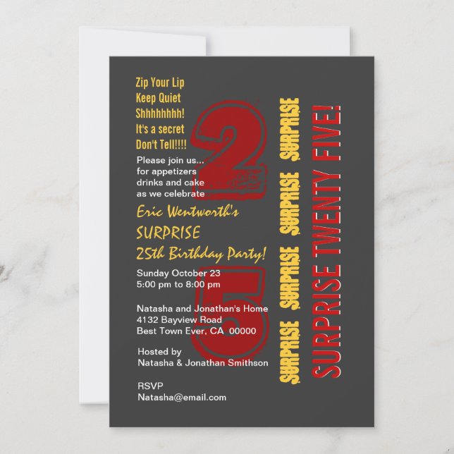 SURPRISE 25th Modern Birthday Red Gold Gray Invitation (Front)