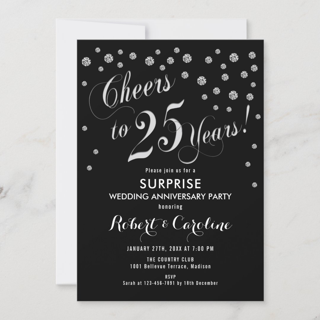 Surprise 25th Wedding Anniversary - Black & Silver Invitation | Zazzle