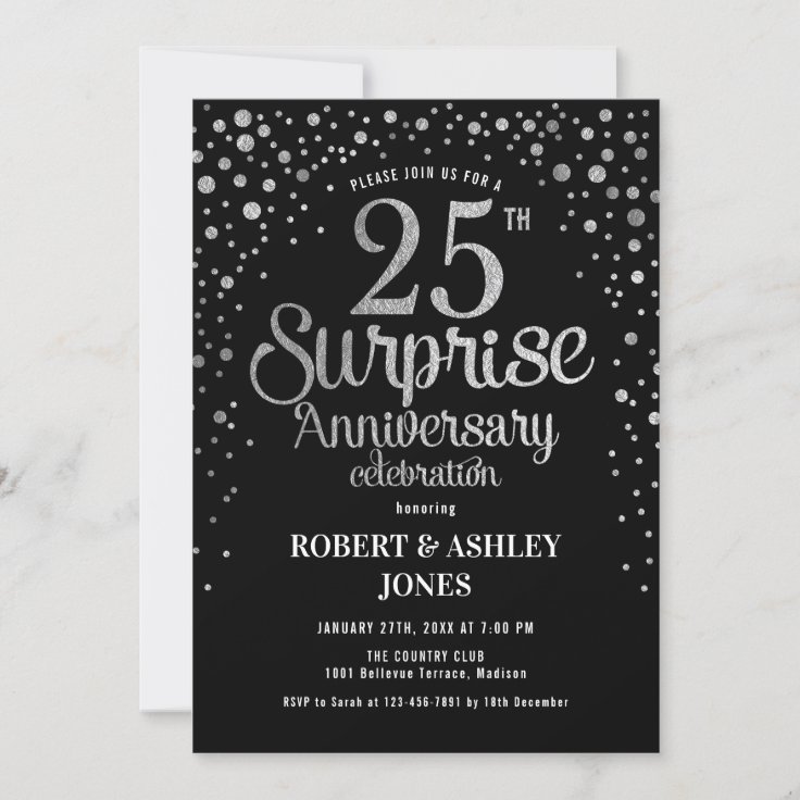 Surprise 25th Wedding Anniversary - Black & Silver Invitation | Zazzle