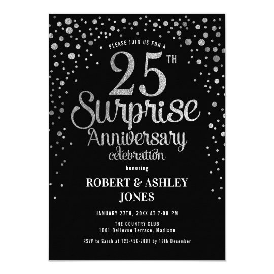 Surprise 25th Wedding Anniversary - Black & Silver Invitation | Zazzle.com