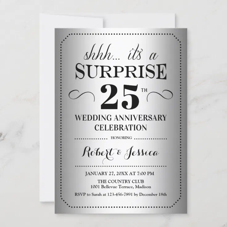 Surprise 25th Wedding Anniversary - Silver Black Invitation | Zazzle