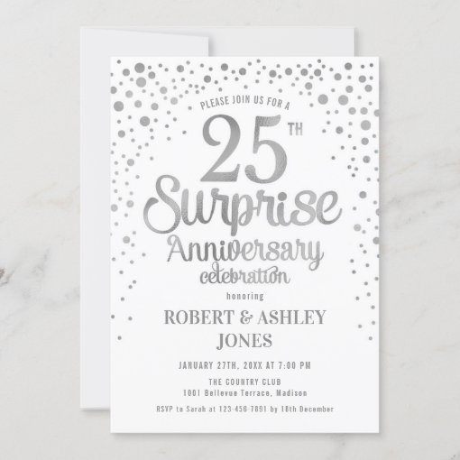 Surprise 25th Wedding Anniversary - Silver & White Invitation | Zazzle