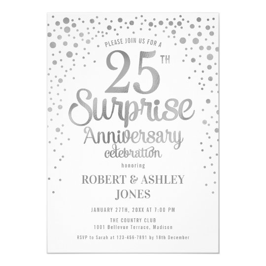 Surprise 25th Wedding Anniversary - Silver & White Invitation | Zazzle.com