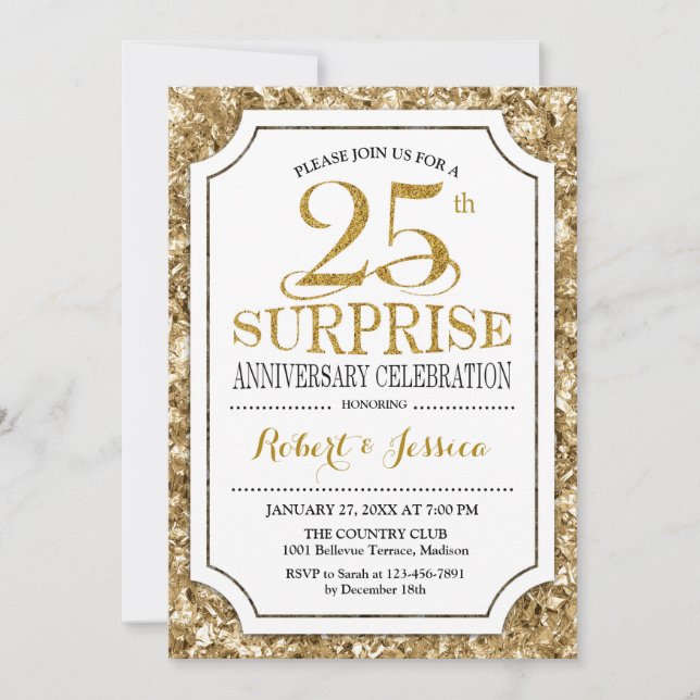 Surprise 25th Wedding Anniversary - White Gold Invitation (Front)