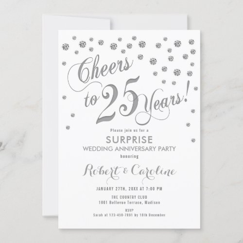 Surprise 25th Wedding Anniversary _ White  Silver Invitation