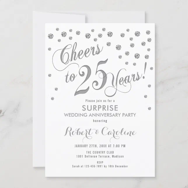 Surprise 25th Wedding Anniversary - White & Silver Invitation | Zazzle