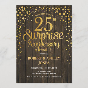Surprise 25th Wedding Anniversary - Wood & Gold Invitation