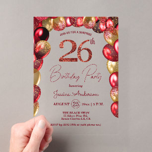 Surprise 26th Birthday Party Gold Burgundy Glitter Acrylic Invitations