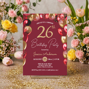 Surprise 26th Birthday Party Gold Burgundy Glitter Invitation