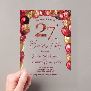 Surprise 27th Birthday Party Gold Burgundy Glitter Acrylic Invitations