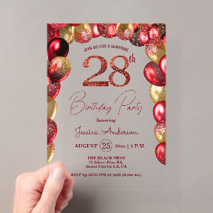 Surprise 28th Birthday Party Gold Burgundy Glitter Acrylic Invitations