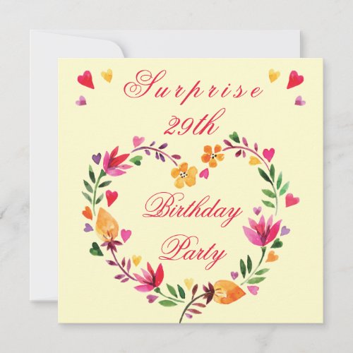 Surprise 29th Birthday Watercolor Floral Heart Invitation