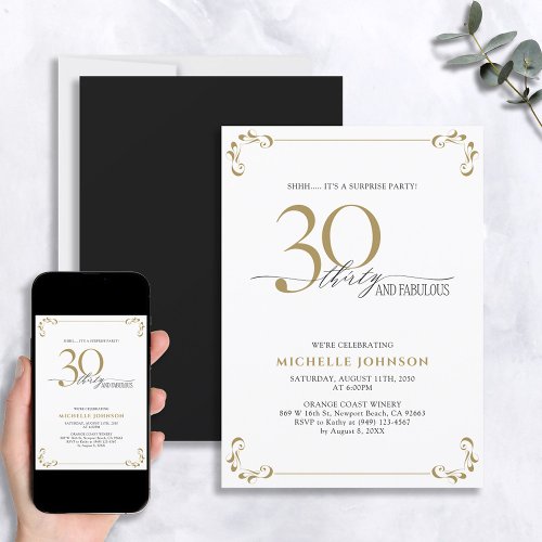 Surprise 30  Fabulous Black  Gold Birthday Invitation