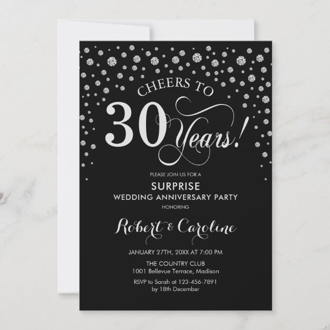 Surprise 30th Anniversary Party Black Silver Invitation (Front)