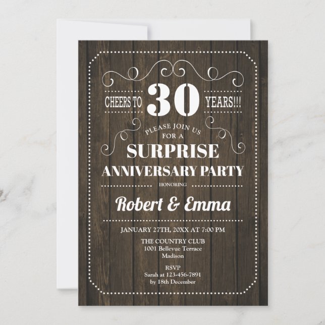 Surprise 30th Anniversary Party - Rustic Wood Invitation (Front)