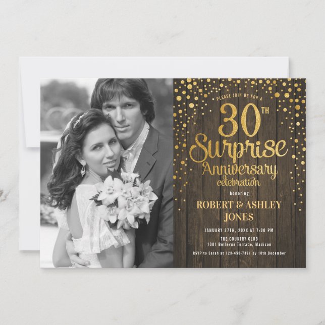 Surprise 30th Anniversary with Photo - Wood Gold Invitation (Front)