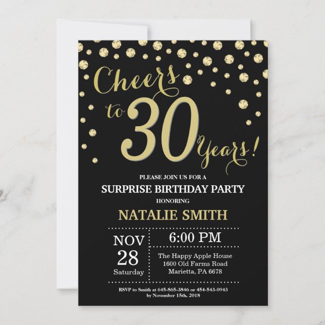 Surprise 30th Birthday Black and Gold Diamond Invitation (Front)