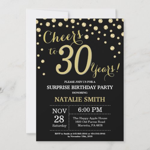 Surprise 30th Birthday Black and Gold Diamond Invitation