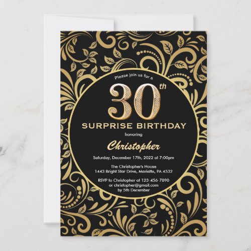 Surprise 30th Birthday Black and Gold Floral Invitation