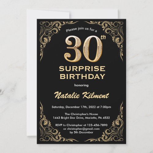 Surprise 30th Birthday Black and Gold Glitter Invitation