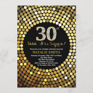 Surprise 30th Birthday Black and Gold Glitter Invitation