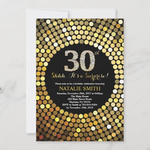 Surprise 30th Birthday Black and Gold Glitter Invitation