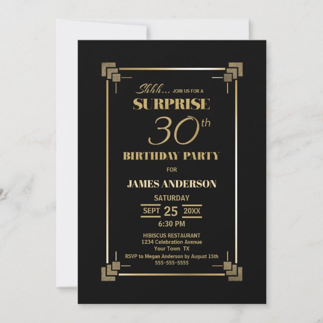 Surprise 30th Birthday Black and Gold Party Invitation (Front)