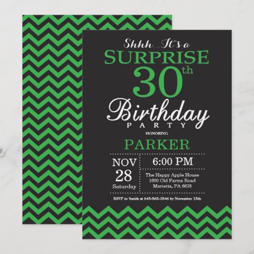 Surprise 30th Birthday Black and Green Chevron
