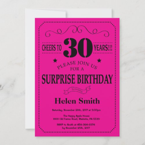 Surprise 30th Birthday Black and Hot Pink Invitation