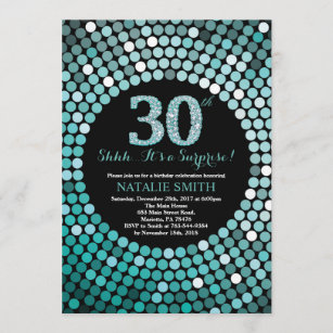 Surprise 30th Birthday Black and Teal Glitter Invitation