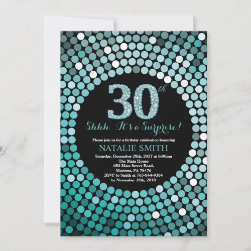 Surprise 30th Birthday Black and Teal Glitter Invitation