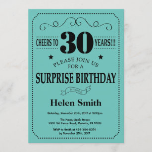 Surprise 30th Birthday Black and Teal Invitation