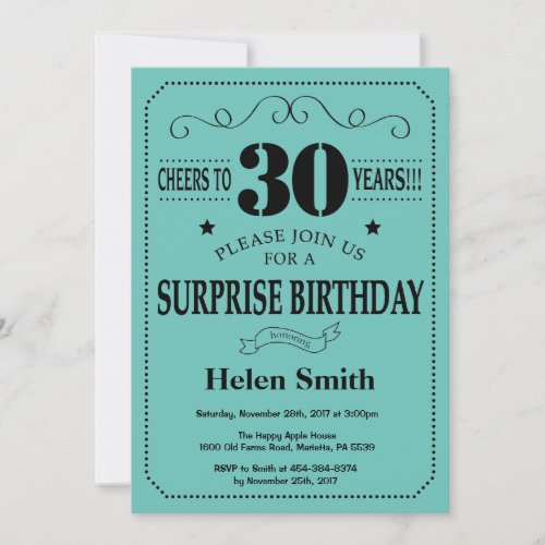 Surprise 30th Birthday Black and Teal Invitation