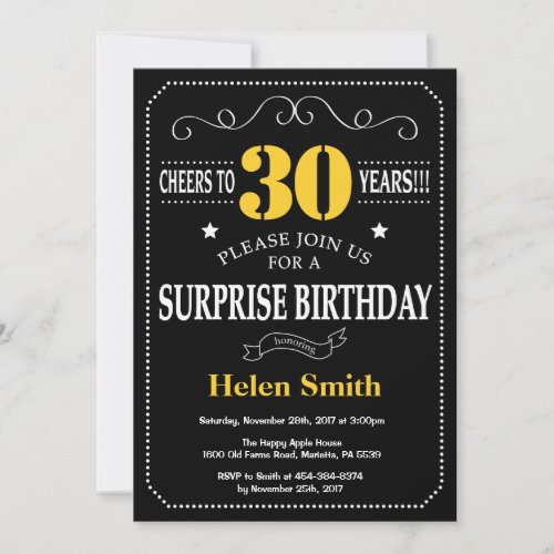 Surprise 30th Birthday Black and Yellow Chalkboard Invitation