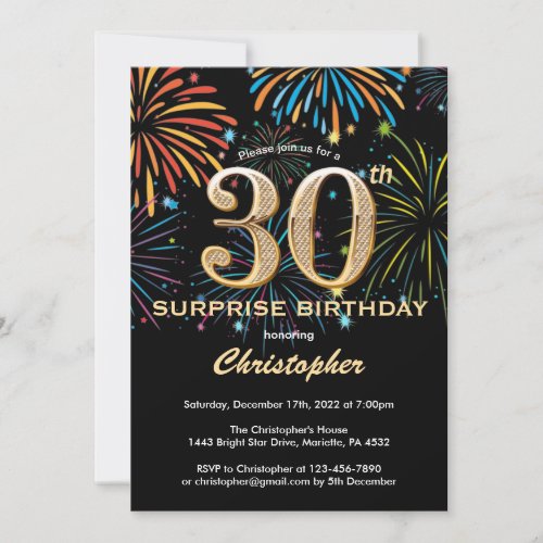 Surprise 30th Birthday Black Gold Rainbow Firework Invitation