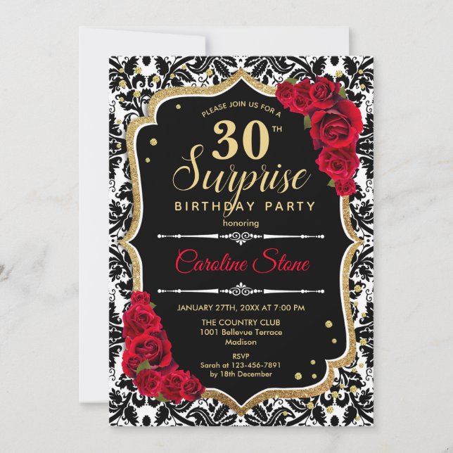 Surprise 30th Birthday - Black Gold Red Invitation (Front)