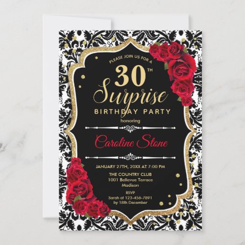Surprise 30th Birthday _ Black Gold Red Invitation