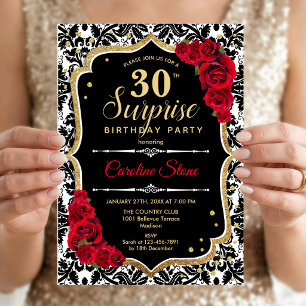 Surprise 30th Birthday - Black Gold Red Invitation