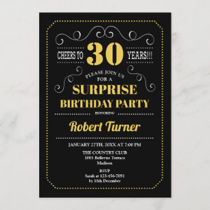 Surprise 30th Birthday - Black Gold White Invitation