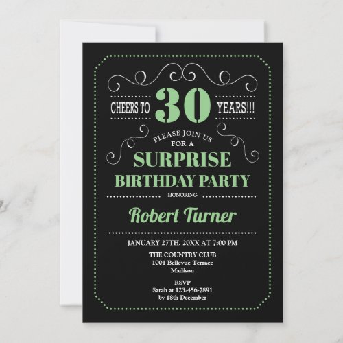Surprise 30th Birthday _ Black Green Invitation
