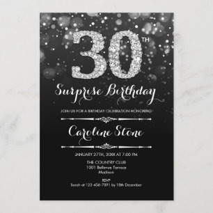 Surprise 30th Birthday - Black Silver Invitation
