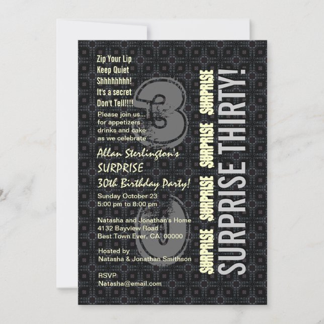 SURPRISE 30th Birthday Black Silver Ivory V4 Invitation (Front)